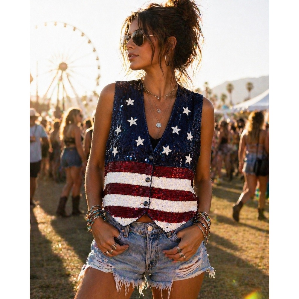 Quacker Factory American Flag Sequin Vest Womens 2X Patriotic Stars Stripes Navy
